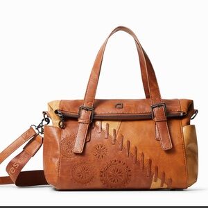 DESIGUAL Mandala Bag Cognac Brown Tan Satchel Crossbody Faux Leather Boston Bag
